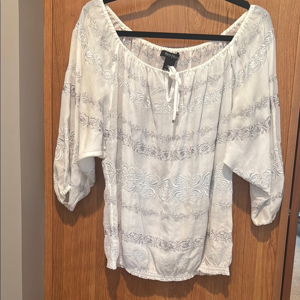 Kensie White Peasant Blouse with Subtle Gray Embroidery